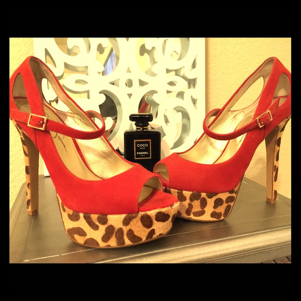 Fab Jessica Simpson red & leopard faux fur shoes👠